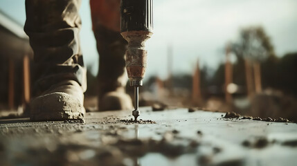 Construction Worker Using a Jackhammer on Concrete