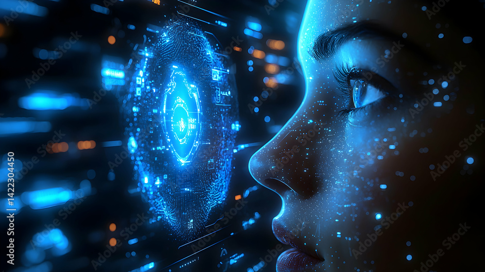 Poster a futuristic image depicts a woman gazing at a digital interface. it suggests advanced technology an