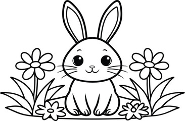 Outline Drawing Bunny Sitting Amongst Daisy Flowers on Transparent Background