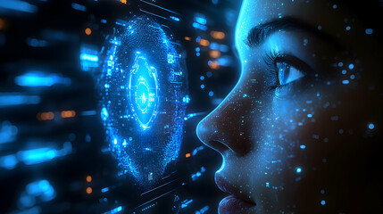 A futuristic image depicts a woman gazing at a digital interface. It suggests advanced technology and AI possibly for data analysis or cybersecurity. Ideal for tech blogs or website backgrounds.