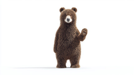Friendly Brown Bear, Cartoon Character, 3D Render, Standing, Waving Paw, Isolated on White Background, Animation, Mascot, Cute, Greeting, Wildlife, Nature, Friendly Gesture