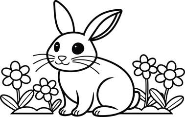 Outlined Cartoon Bunny Sitting Near Flowers with a Transparent Background