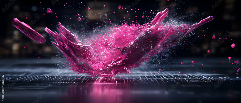 Poster a vibrant explosion of magenta energy spreads outwards. use it as a dynamic background or graphic el