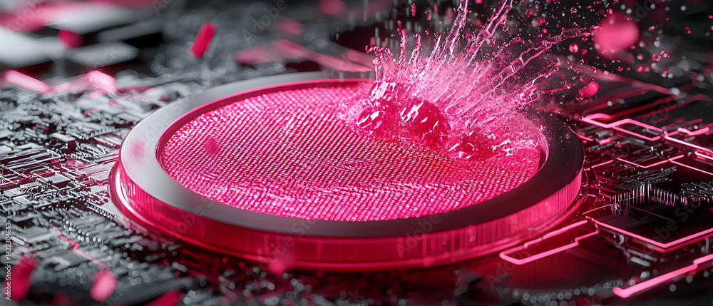 Poster abstract digital artwork featuring a circular element with pink liquid and splash effects. suggests 