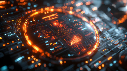 Abstract rendering of a digital circuit board with glowing elements. Could be used for tech presentations or futuristic design concepts. The image showcases data and processing.