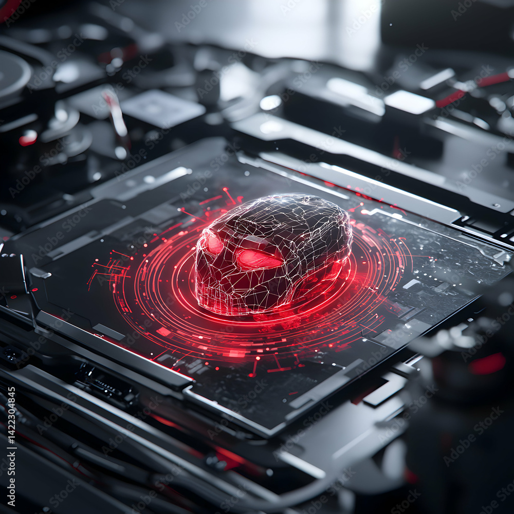 Poster a futuristic skull graphic glows on a circuit board. it might represent ai or data analysis. perfect