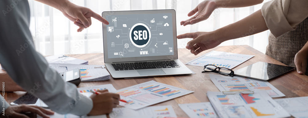 Aufkleber seo search engine optimization for brisk e-commerce and online retail business showing on computer s