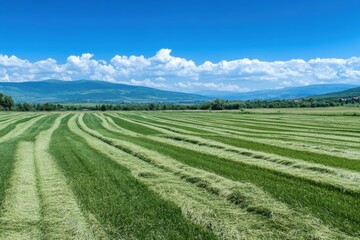 Scenic Green Meadow Landscape with Freshly Cut Grass Rows under a Bright Blue Sky and Fluffy Clouds in a Serene Rural Environment