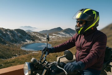 Motorcyclist in safety gear riding through scenic snowy mountains on a clear day. Adventure, freedom, and exploration in a remote winter landscape, perfect for travel and outdoor themes.