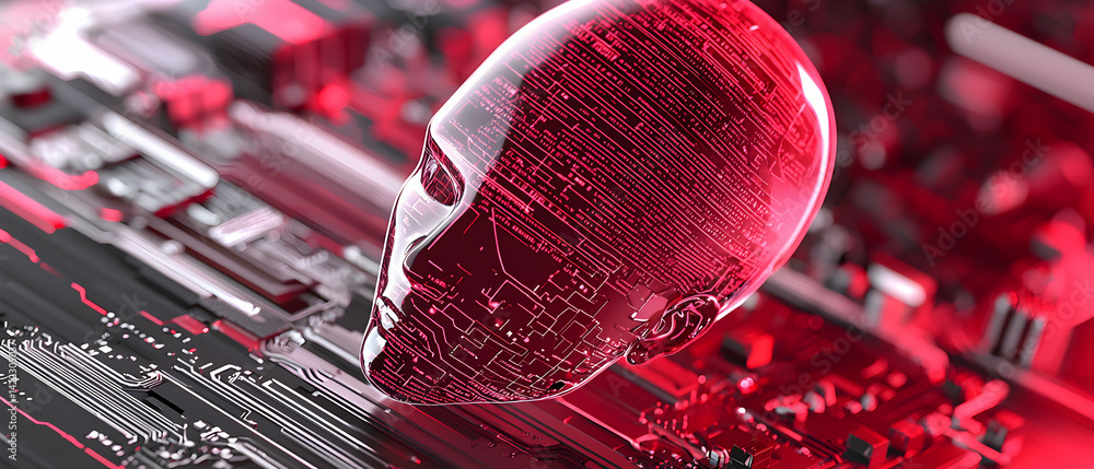Poster an artistic depiction of a digital ai head composed of circuitry. suitable for tech-themed website h