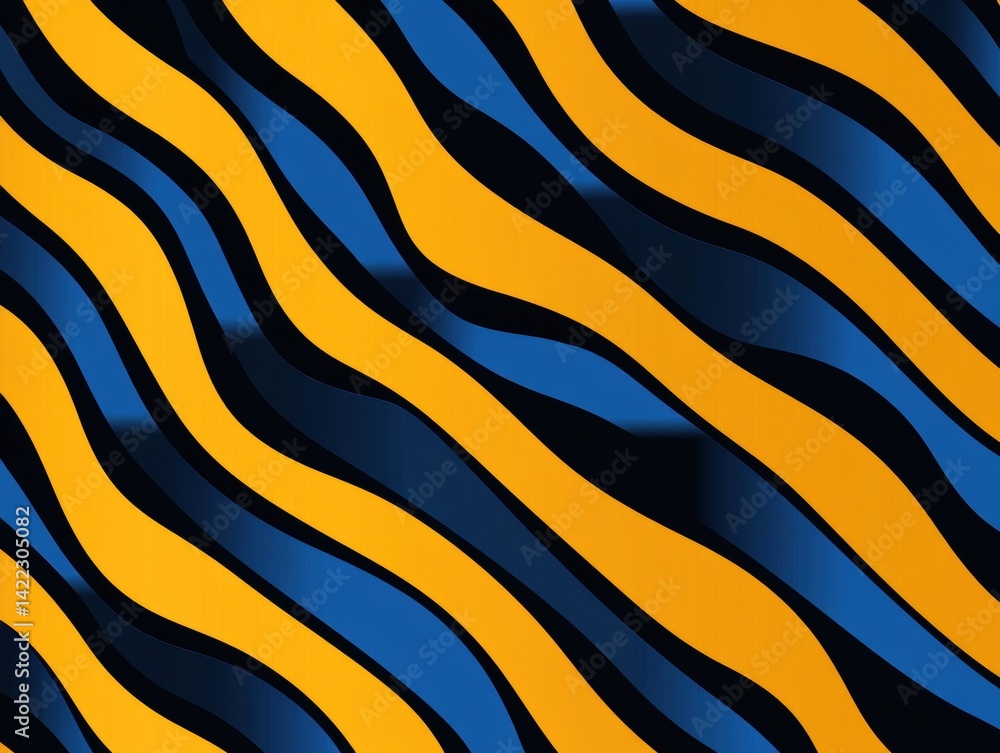 Poster abstract dynamic wave pattern with vibrant yellow and blue stripes on dark background for modern des