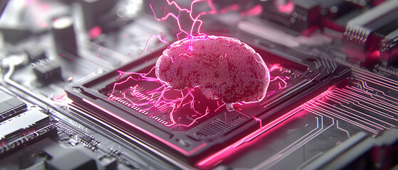 An artistic rendering of a human brain represented as a digital construct over a circuit board. It symbolizes advanced AI technology and innovative computing power. Applications include scientific vis