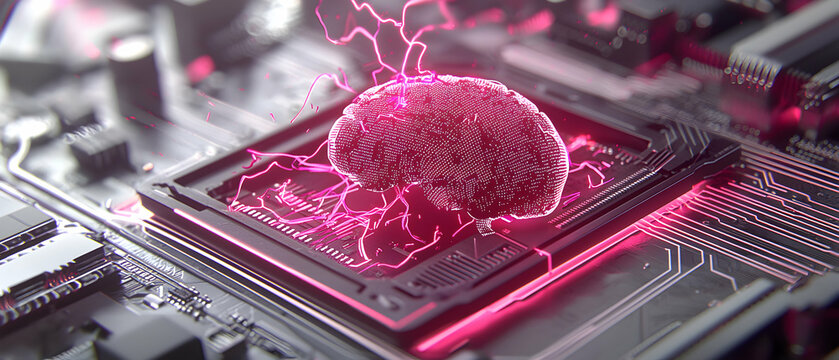 An artistic rendering of a human brain represented as a digital construct over a circuit board. It symbolizes advanced AI technology and innovative computing power. Applications include scientific vis