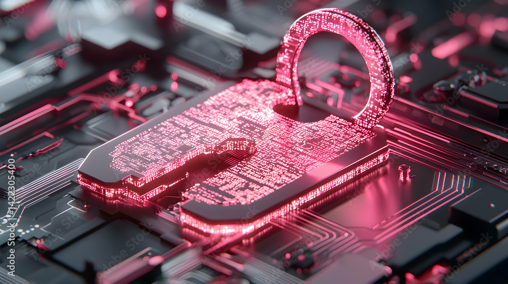 Poster a digital padlock glows against a motherboard background. this image conveys security and data prote