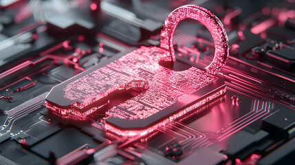 A digital padlock glows against a motherboard background. This image conveys security and data protection highlighting technological advancements in cyber safety. Perfect for security website banners.