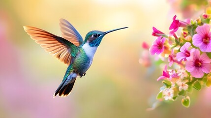Fototapeta premium Hummingbird's Dance with the Blossoms: A hummingbird with iridescent plumage hovers gracefully in mid-air near vibrant pink flowers, its wings a blur of motion, creating a scene of delicate beauty.