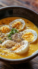 A rich, velvety soup fills a dark bowl, topped with sliced boiled eggs and sprinkled with black pepper. Fresh herbs add a vibrant touch, inviting warmth and satisfaction