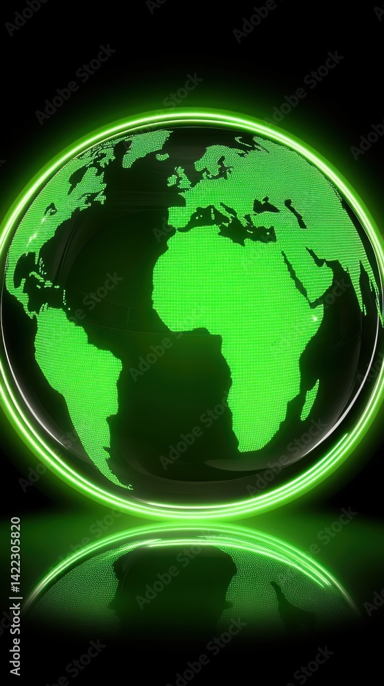 Poster luminous green earth globe with continents displayed in bright neon light against a dark reflective 