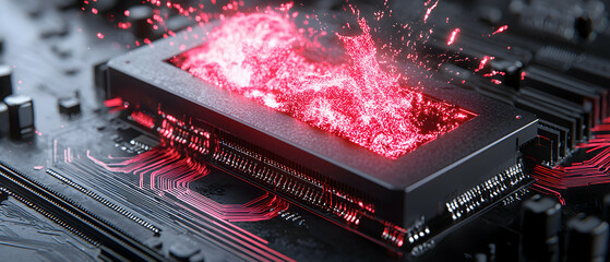 A close-up image of a computer chip with bright red energy emissions. Suggests high processing power or a digital representation of information flow. Suitable for tech presentations.