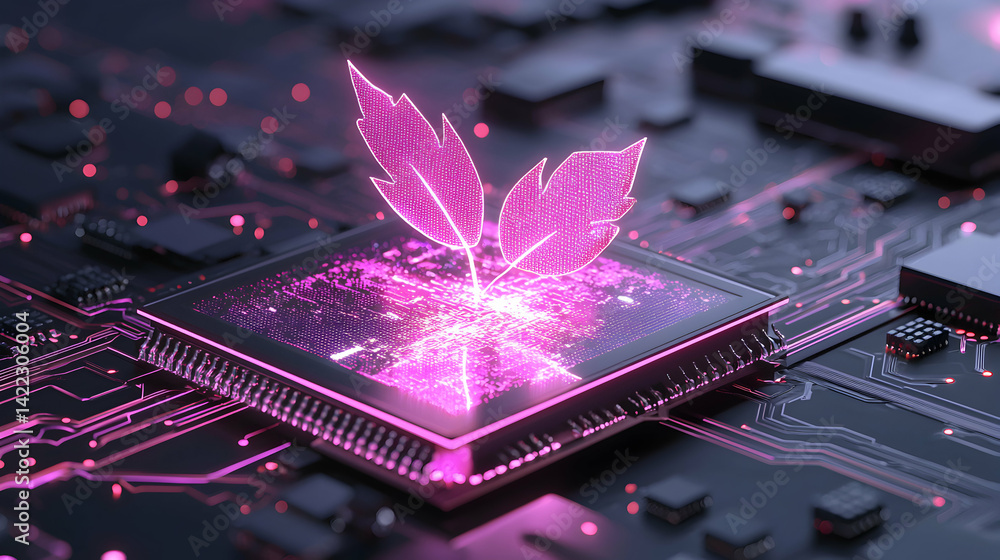 Poster conceptual image of technology and nature combined. suggests sustainable tech solutions for environm