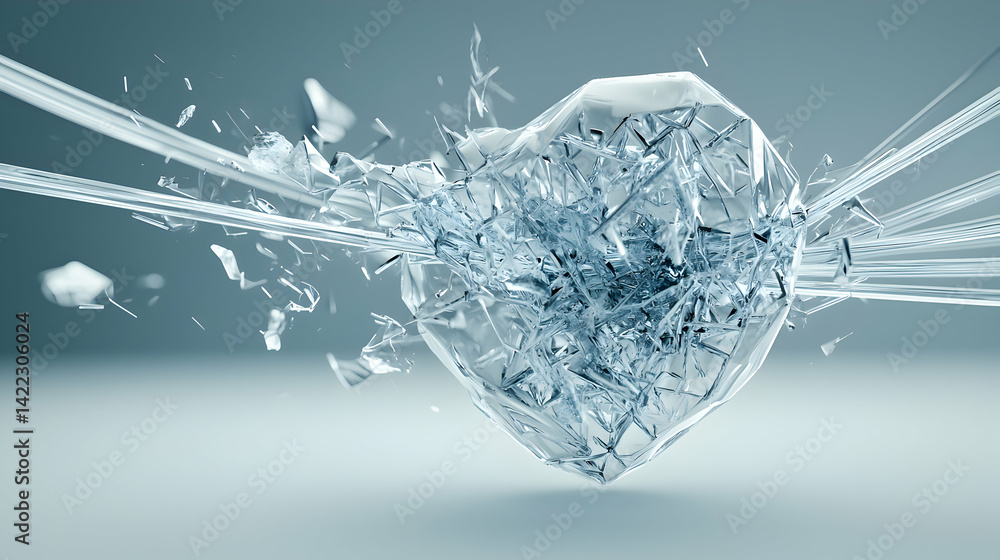Poster a heart shaped object shatters. the image represents heartbreak or fragility. suggest a visual metap
