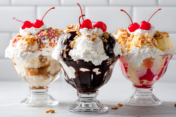 Three Delicious Ice Cream Sundaes with Cherries and Toppings