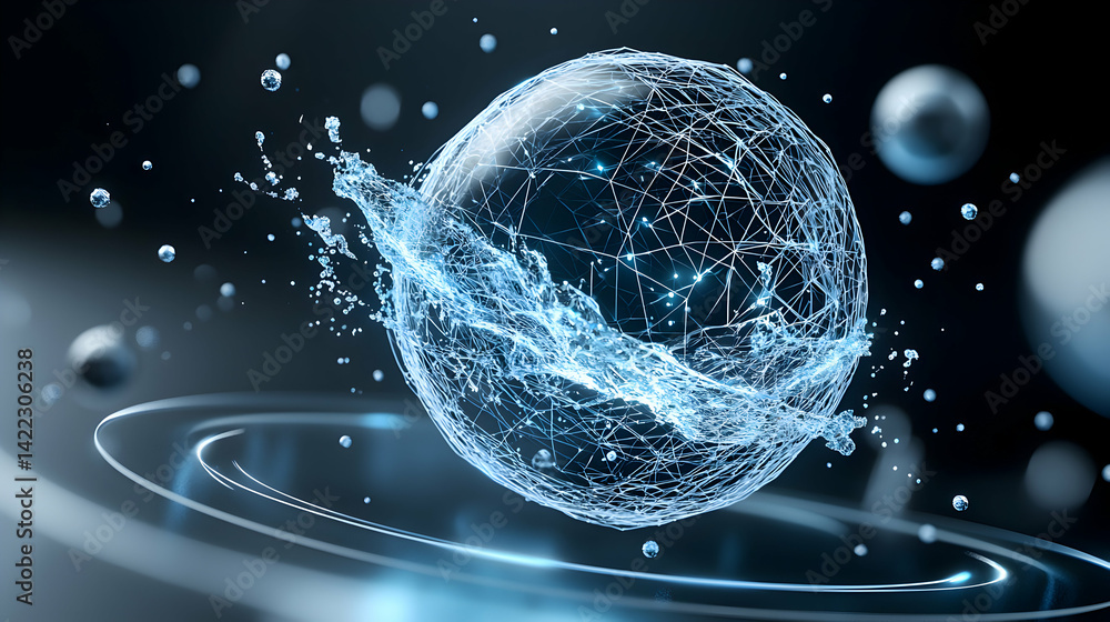 Poster abstract illustration of a network sphere and water splash representing data communication. ideal fo