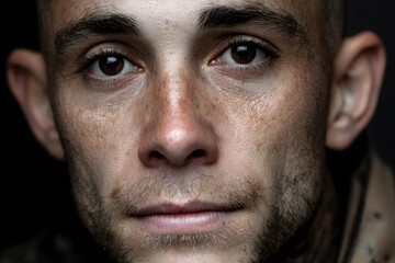 Obraz premium Soldier's determined gaze headshot portrait of 27 year old soldier on a white background with short cropped hair