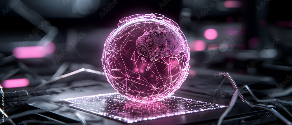 Poster a glowing digital globe sits on a tech surface representing global interconnectedness. great for tec
