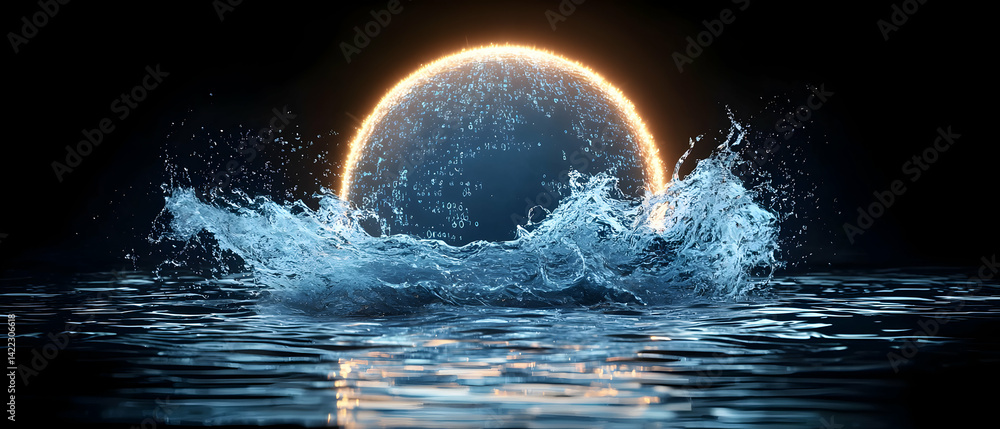 Poster abstract digital sphere emerges from water. represents data visualization. ideal for tech presentati