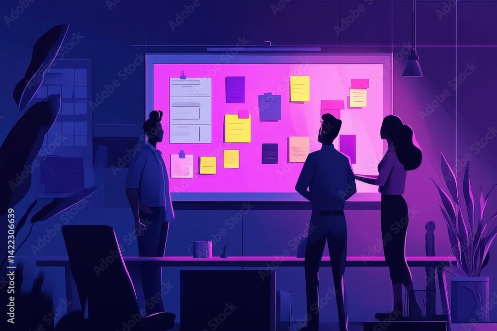 Poster business team brainstorms together using sticky notes on a whiteboard. flat vector .