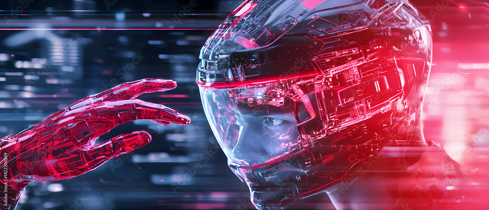 Aufkleber futuristic image featuring a cyborg hand reaching towards a person wearing a tech-enhanced helmet. s