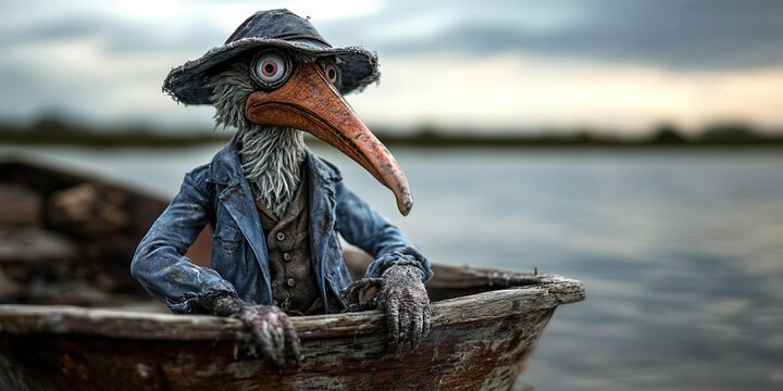 anthropomorphized pelican fisherman
