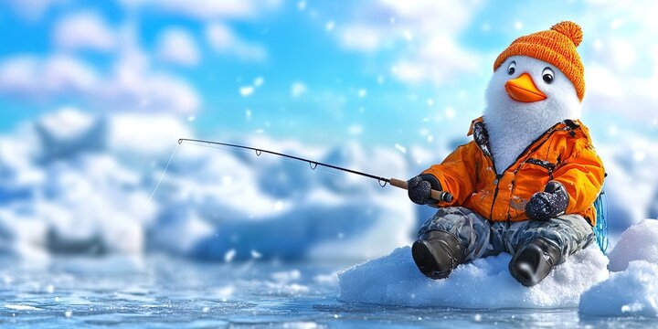 anthropomorphized penguin fisherman ice fishing 
