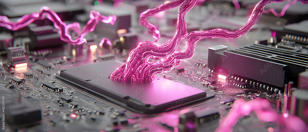 Poster a futuristic motherboard with glowing pink tendrils. great for tech presentations ai concepts digita
