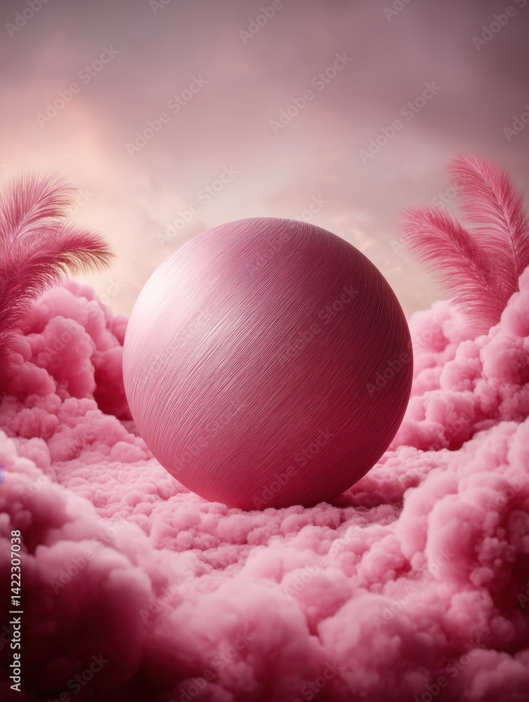 Poster dreamy pink sphere resting on fluffy clouds against a soft sky creating a serene and whimsical atmos