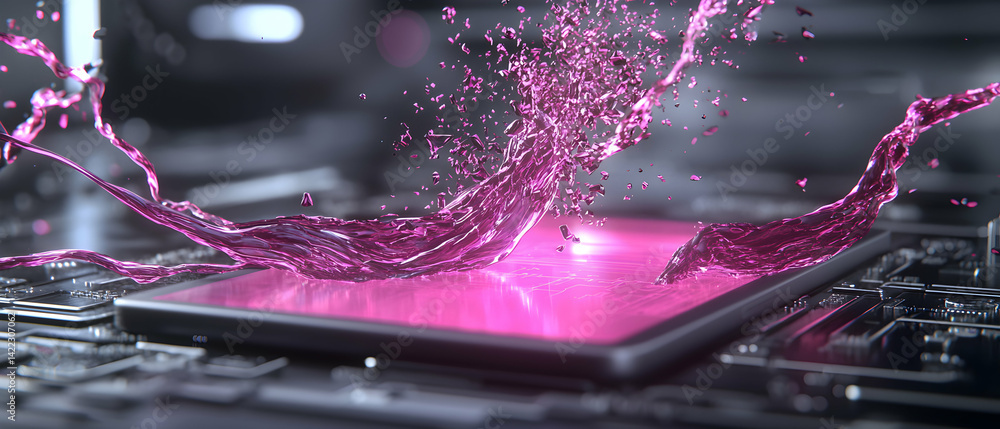 Poster a dynamic splash of pink liquid interacts with a tablet creating an abstract technology-themed image