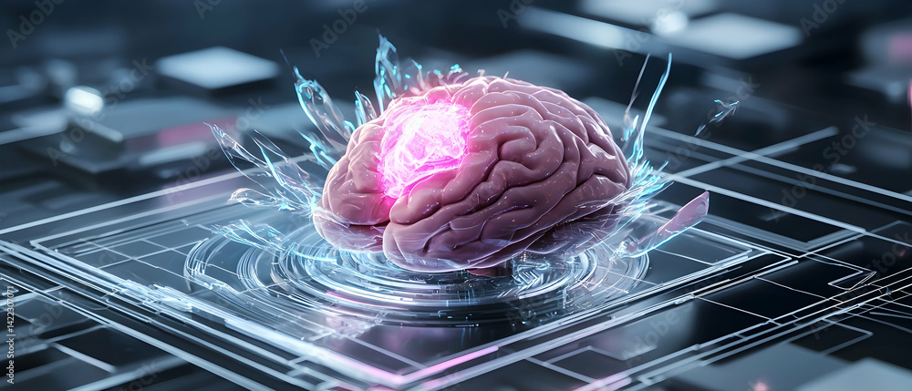 Poster depicts a glowing brain central to an ai or technology concept. ideal for illustrating innovation or