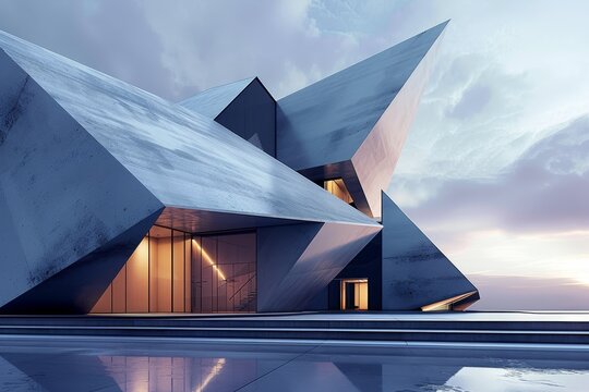 A futuristic, angular concrete building with large glass windows and a reflecting pool in the foreground, Design a geometric, abstract building that blurs the line between art and architecture