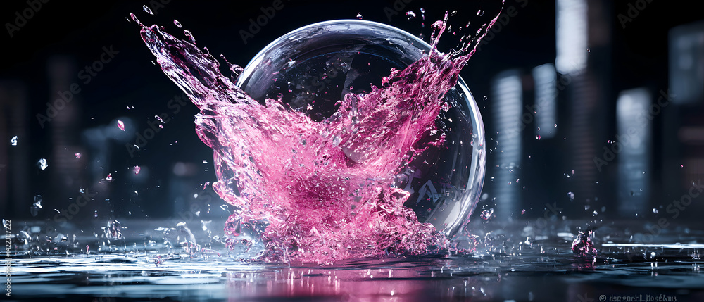 Poster a dramatic image of water exploding from a glass sphere. it's a striking visual perfect for art prin