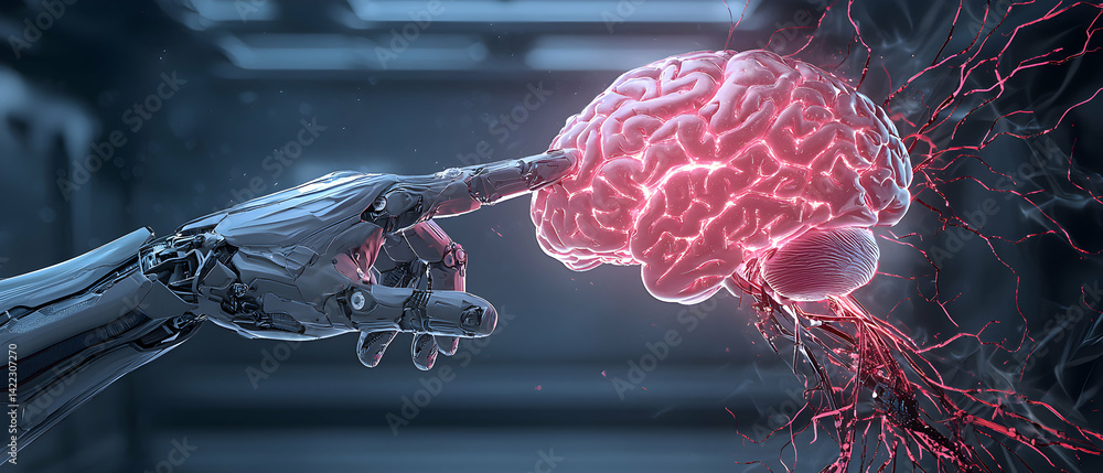Poster a robotic hand touches a glowing brain. suggests a concept of artificial intelligence merging with h