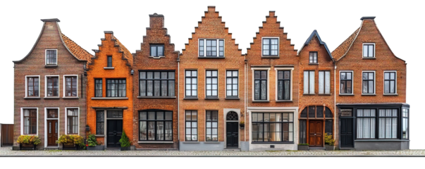 Dutch brick row houses facade, isolated on transparent background, generative ai