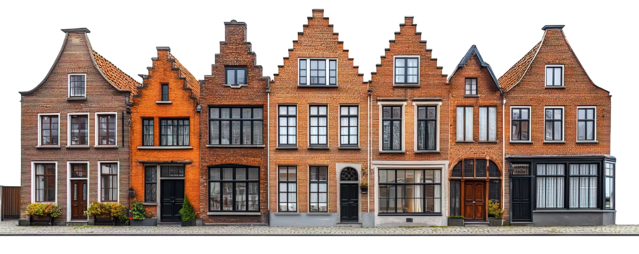 Dutch brick row houses facade, isolated on transparent background, generative ai