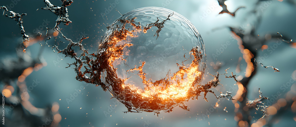 Poster a surreal image of a sphere engulfed in fiery tendrils suggesting energy or transformation. could be