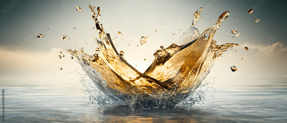 Poster a dynamic splash of liquid creating a beautiful golden form against a serene backdrop. perfect for a
