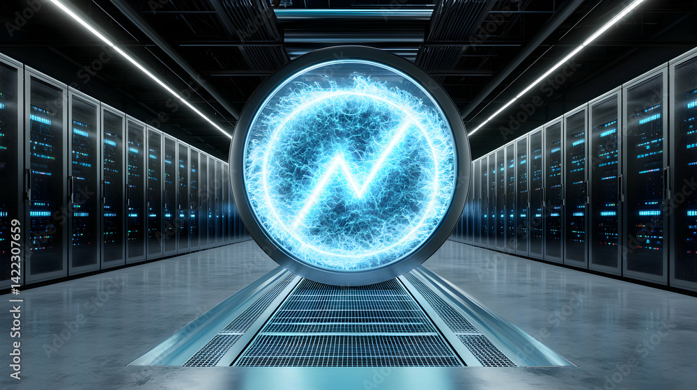Poster a futuristic server room scene with a glowing energy symbol. it symbolizes data transfer power and n