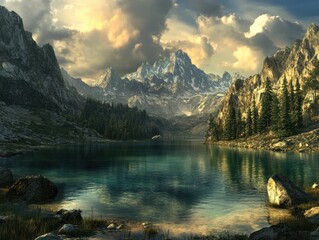 Serene mountain lake reflecting dramatic cloudy sky amidst towering peaks and lush forest landscape with tranquil water surface