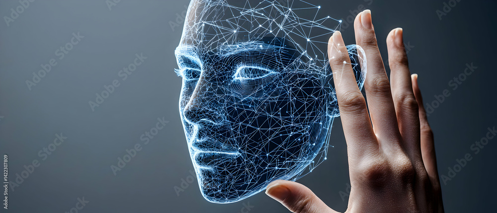 Poster a futuristic image depicting a digital face overlaid with a network touching a human hand. it could 