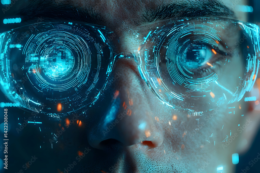 Poster a person with augmented reality glasses displays a futuristic view. this could be used for advanced 