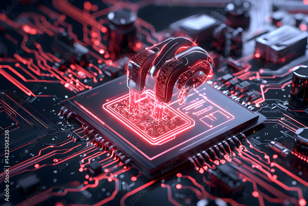 Poster a futuristic digital art piece depicting a circuit board with a glowing interface. it evokes innovat
